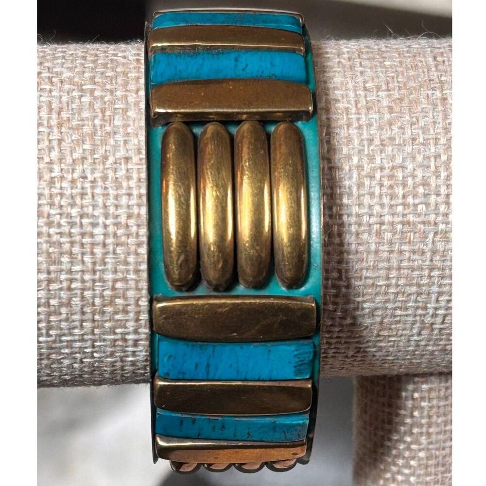 VTG Turquoise & Brass Inlay Boho Bangle Bracelet